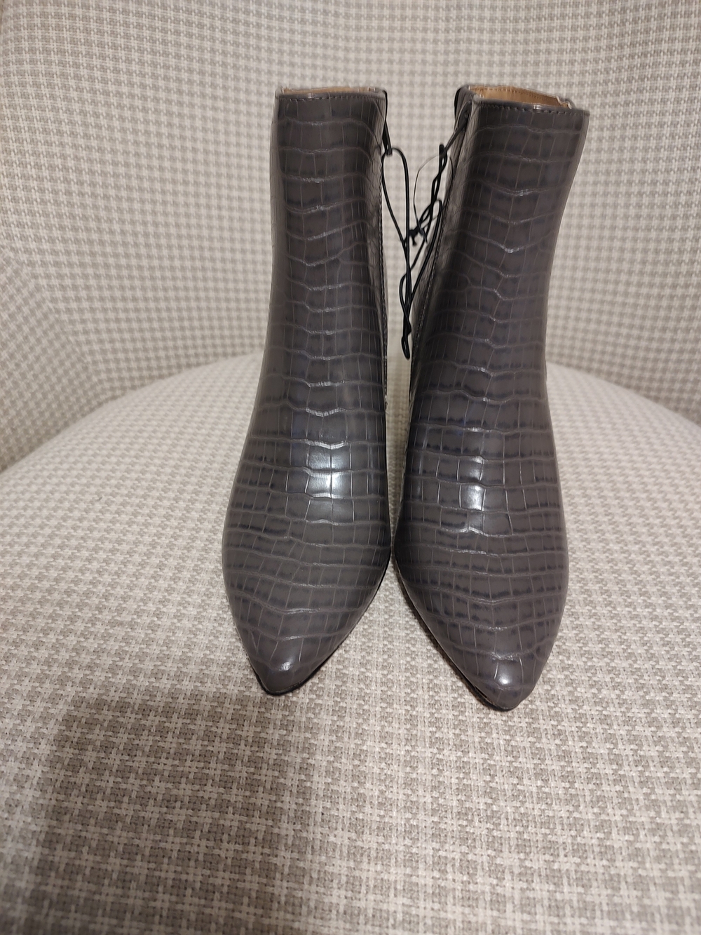 Express Gray Croc-Embossed Pointed Toe Ankle Boots